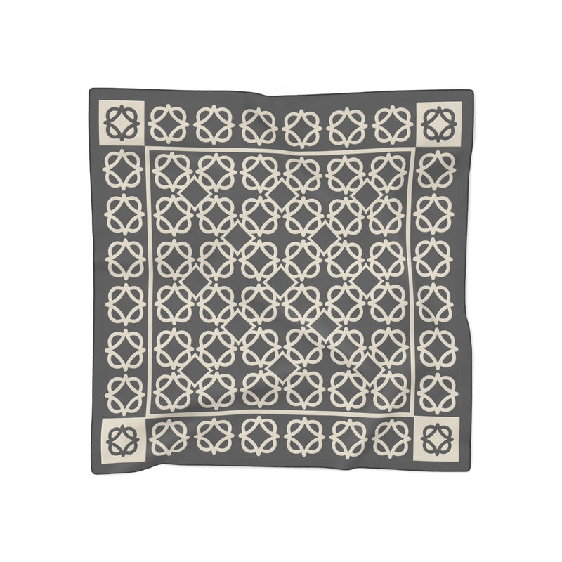 Geometric Knot Square Scarf — Neutral Gray Patterned Poly Scarf